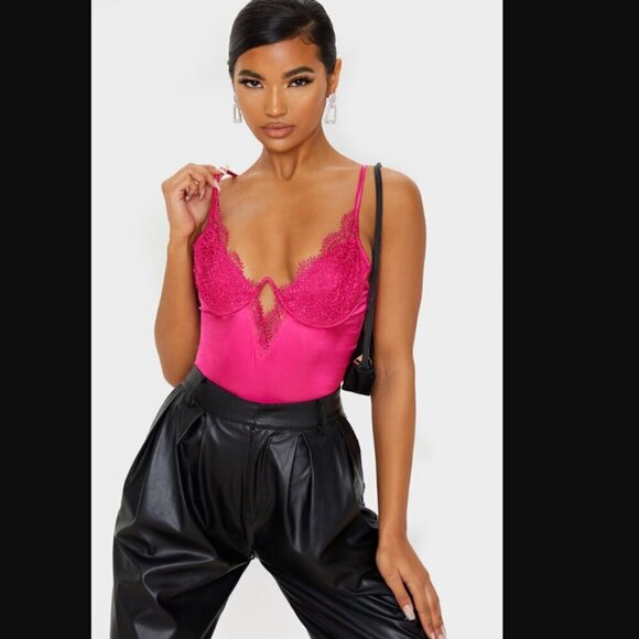 PrettyLittleThing  Hot Pink Satin Lace V Cup Bodysuit US 4 - Picture 1 of 12
